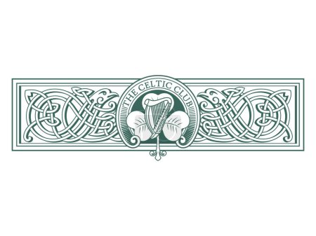 Irish design in vintage, retro style. Harp and clover leaves in Celtic style with ethnic ornament, isolated on white, vector illustration