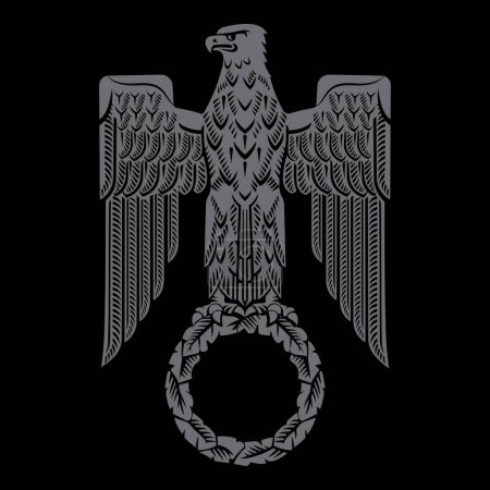 Diseño de estilo antiguo. Águila romana con una corona de hojas de roble en sus patas, aislada en negro, ilustración vectorial