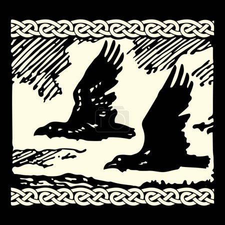 Scandinavian Viking design. Two black crows drawn in Old Norse Celtic style, isolated on black, vector illustration
