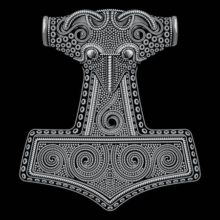 Vikingo Antiguo diseño celta escandinavo. Martillo de Dios Thor y patrones celtas dibujados en estilo retro vintage, aislados en negro, ilustración vectorial