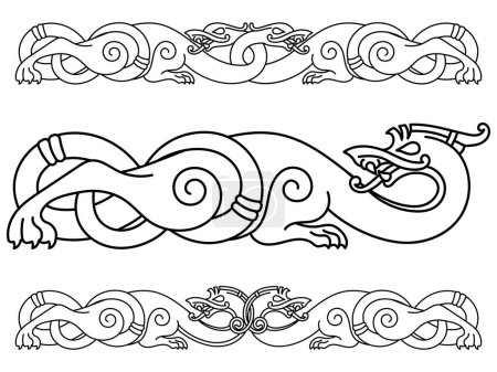 Viking Scandinavian design. Ancient decorative mythical animal in Celtic, Scandinavian style, knot-work illustration, isolated on black, vector illustration