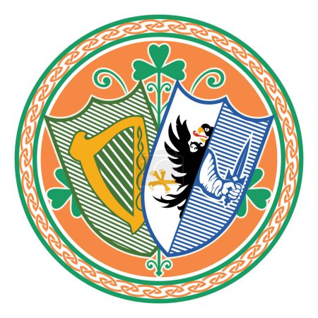 Diseño celta irlandés en estilo vintage, retro. Diseño irlandés con escudo de armas de las provincias Connacht y Leinster, aislado en blanco, ilustración vectorial