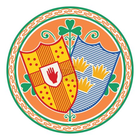 Irisch-keltisches Design im Retro-Stil. Irisches Design mit Wappen der Provinzen Münster und Ulster, isoliert auf weiß, Vektorillustration