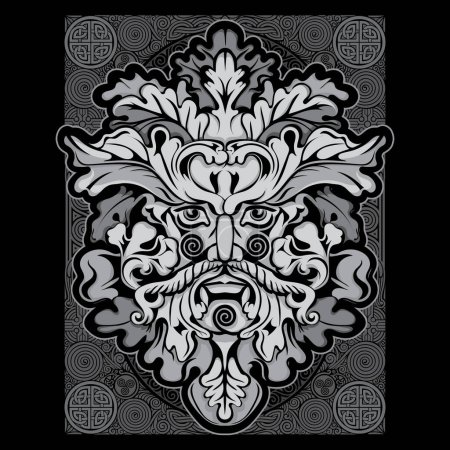 Illustration in Celtic Scandinavian style. Illustration of the Green Man painted in vintage, ancient Celtic style, with oak leaves and Celtic patterns, isolated on black, vector illustration