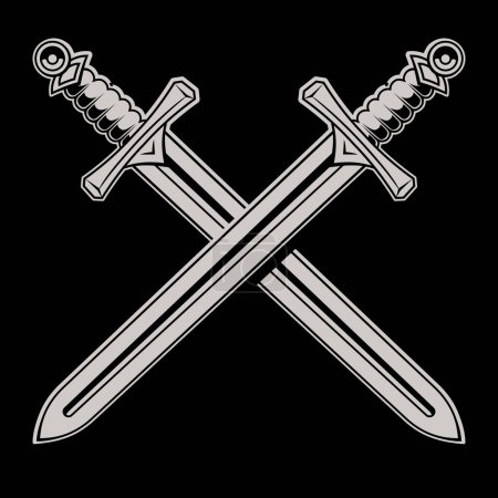 Scandinavian Viking design. Two crossed battle Viking swords, isolated on white, vector icon illustration