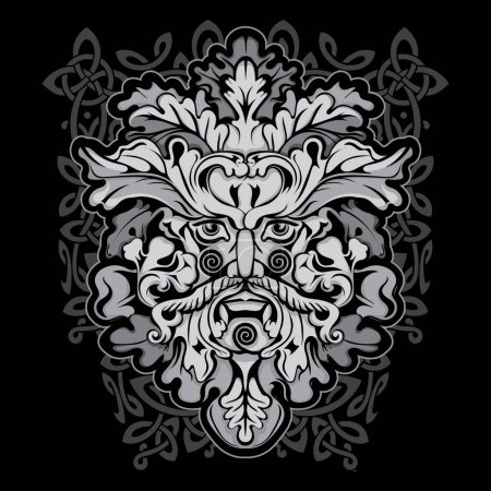 Illustration in Celtic Scandinavian style. Illustration of the Green Man painted in vintage, ancient Celtic style, with oak leaves and Celtic patterns, isolated on black, vector illustration