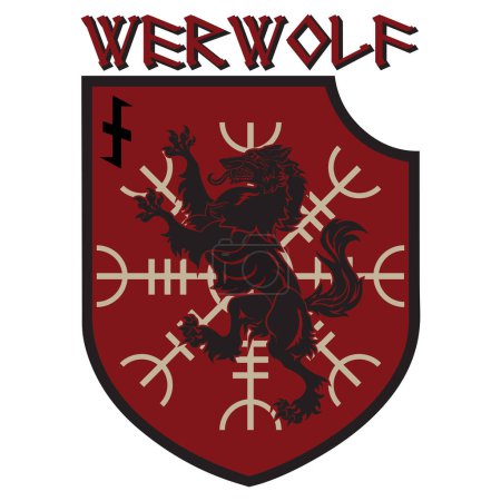 Design-Patch. Wappenschild mit Werwolf, Helm der Ehrfurcht und Rune Wolfsangel, isoliert auf Weiß, Vektorillustration