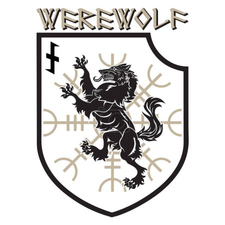 Design patch. Heraldic shield with a Werewolf, Helm of Awe and rune Wolfsangel, isolated on white, vector illustration