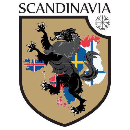 Skandinavisches Design. Wappenschild, ein Wolf auf einer Hintergrundkarte der skandinavischen Länder - Schweden, Norwegen, Dänemark und Finnland, Island, Färöer-Inseln, isoliert auf weiß, Vektorillustration