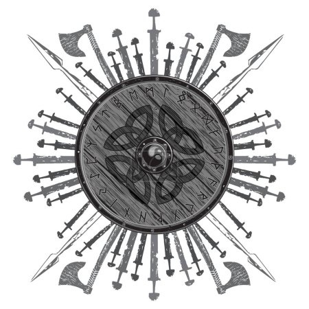 Diseño vikingo. El escudo de un vikingo con runas, hachas de batalla, espadas y lanzas, aislado en blanco, ilustración vectorial