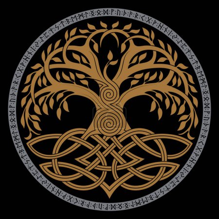 Viking design. World Tree from Scandinavian mythology - Yggdrasil and Celtic pattern, frame. Drawn in Old Norse Celtic style, isolated on black, vector illustration