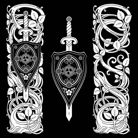 Illustration for Design in a medieval knightly style. Knightly shield and sword in a frame of curly stems, leaves and rose flowers, isolated on black, vector illustration - Royalty Free Image