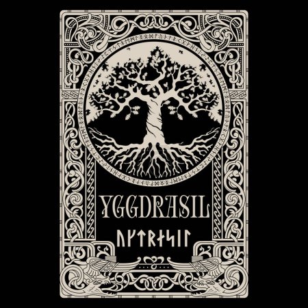 Diseño vikingo. World Tree from Scandinavian mythology - Yggdrasil and Celtic pattern, frame. Dibujado en estilo nórdico antiguo celta, aislado en negro, ilustración vectorial