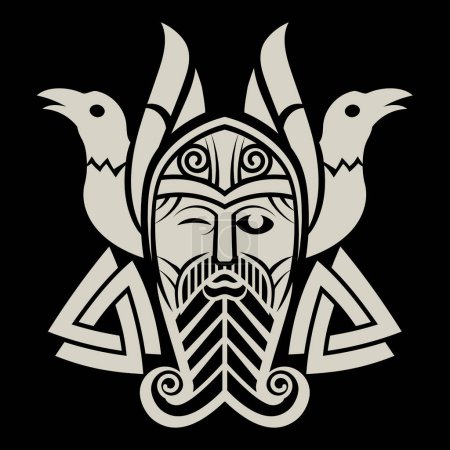Téléchargez les illustrations : Design dans le vieux style nordique. Dieu Suprême Odin, deux corbeaux et des signes runiques dessinés dans le style celtique-scandinave, isolés sur noir, illustration vectorielle - en licence libre de droit