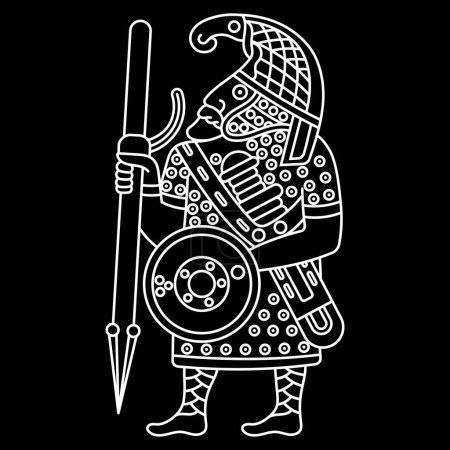 Viking design. Design of Old Norse warriors drawn in Celtic Scandinavian style, isolated on black, vector illustration