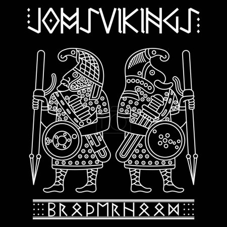 Diseño de antiguos guerreros nórdicos dibujados en estilo escandinavo celta. Runa inscripción Hermandad Vikinga, aislado en negro, ilustración vectorial