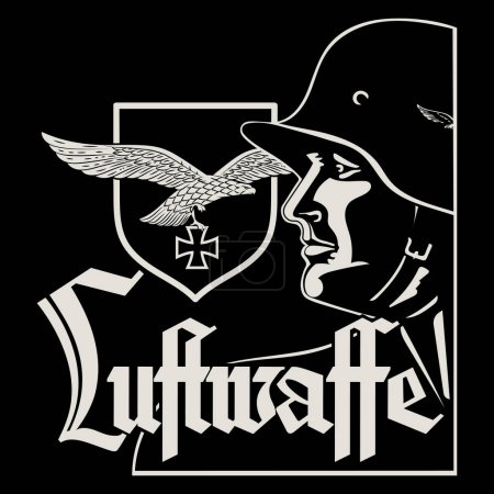 Illustration for Designed by the German Air Force. German soldier in helmet and Luftwaffe inscription, isolated on black, vector illustration - Royalty Free Image