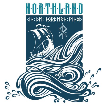 Diseño vikingo escandinavo. Barco vikingo Drakkar navega en las olas del mar tormentoso, aislado en blanco, ilustración vectorial