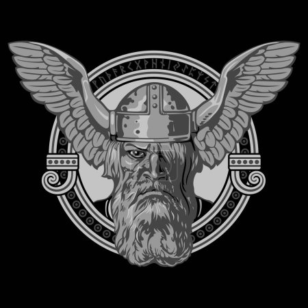 Diseño vikingo escandinavo. Antiguo dios nórdico Odín con un casco con las alas de un águila y un antiguo patrón celta-escandinavo, aislado en negro, ilustración vectorial