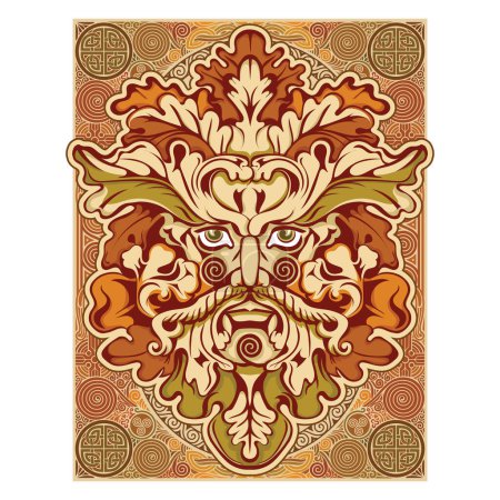 Illustration in Celtic Scandinavian style. Illustration of the Green Man painted in vintage, ancient Celtic style, with oak leaves and Celtic patterns, isolated on white, vector illustration