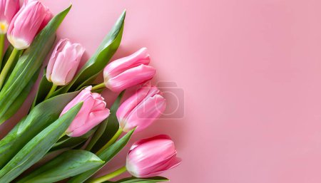 Téléchargez les photos : Bouquet de fleurs de tulipes roses sur fond rose pastel avec espace de copie - en image libre de droit