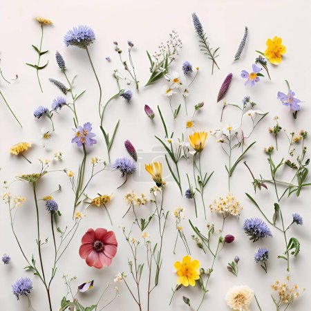 Téléchargez les photos : Diverses fleurs sauvages allongées sur fond blanc neutre, écran plat - en image libre de droit