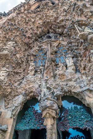 Photo for Barcelona, Catalonia, Spain-Feb. 28, 2022:Exterior of the famous cathedral La Sagrada Familia designed by architect Antoni Gaudi. It has been under construction since 1882. UNESCO World Heritage Site. - Royalty Free Image
