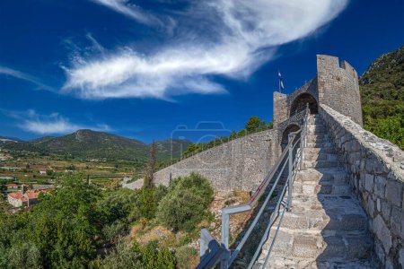 Téléchargez les photos : Vue sur les fortifications médiévales de la muraille défensive, depuis la petite ville de Ston, région de Dubrovnik, Croatie. Est appelé Grande Muraille européenne de Chine et il date du XIVe-XVe siècles. - en image libre de droit