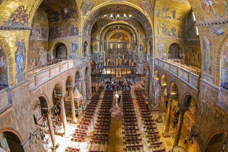 Photo for VENICE, ITALY - MARCH 17, 2023: Interior of the medieval Patriarchal Cathedral Basilica of Saint Mark (Basilica Cattedrale Patriarcale di San Marco), known as St Mark's Basilica. Golden mosaics. - Royalty Free Image