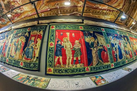 Photo for VENICE, ITALY-MARCH 17, 2023: Medieval carpets and tapestries in the museum inside the Patriarchal Cathedral Basilica of Saint Mark (Basilica Cattedrale Patriarcale di San Marco), St Mark's Basilica. - Royalty Free Image