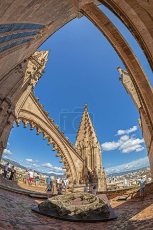 Photo for PALMA DE MALLORCA, SPAIN-SEPT. 20, 2023: Terrace of the Cathedral of Santa Maria of Palma, La Seu, a Gothic Roman Catholic cathedral. Build begun by King James I of Aragon in 1229 and finished in 1601 - Royalty Free Image