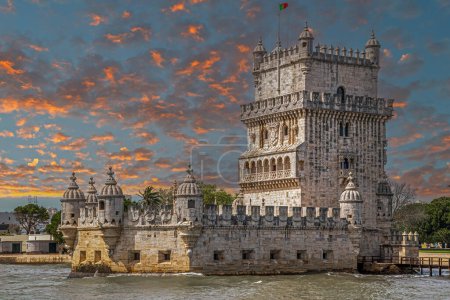The Belem Tower (Torre de Belem) built 1514-1520 in Lisbon, Portugal,  the N bank of the Tagus River, in a Manuelino style by the Portuguese architect Francisco de Arruda. UNESCO World heritage site.
