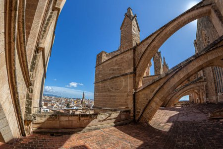 Téléchargez les photos : Terrasse de la cathédrale Santa Maria de Palma, ou La Seu, une cathédrale gothique catholique romaine située à Palma, Majorque, Espagne. Construction commencée par le roi Jacques Ier d'Aragon en 1229 et terminée en 1601. - en image libre de droit