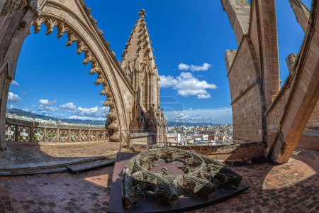 Terrace of the Cathedral of Santa Maria of Palma, or La Seu, a Gothic Roman Catholic cathedral located in Palma, Mallorca, Spain. Build begun by King James I of Aragon in 1229 and finished in 1601.