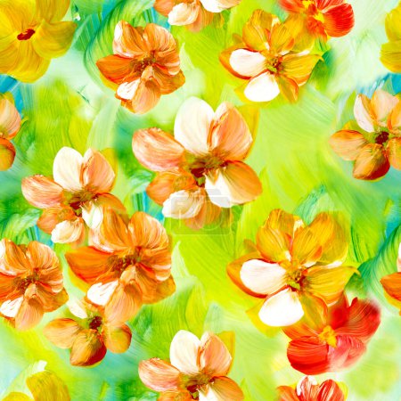 Photo for Seamless pattern of abstract painting flowers, original hand drawn, impressionism style, color texture, brush strokes of paint,  art background.  Modern art. Contemporary art. - Royalty Free Image