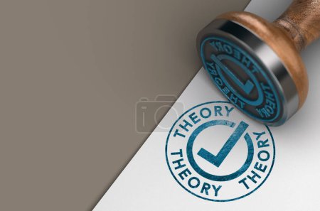 Photo for Word theory and check mark stamped on white paper sheet with wooden rubber stamp and copy space. 3D illustration. - Royalty Free Image