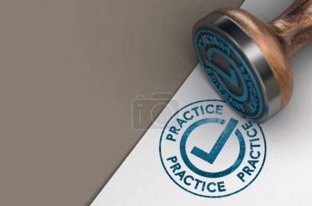 Photo for Word practice and check mark stamped on white paper sheet with wooden rubber stamp and copy space. 3D illustration. - Royalty Free Image