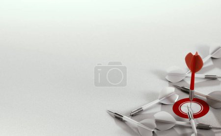 Photo for Red dart hitting center of a target over white background with copy space. Achievement or accomplishment concept. 3d illustration - Royalty Free Image