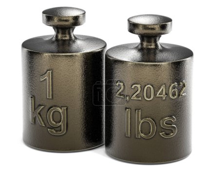 Foto de Convert one kilogram to pounds. Weight with 1 kg and another one with 2,2046 lbs over white background, 3d illustration. - Imagen libre de derechos