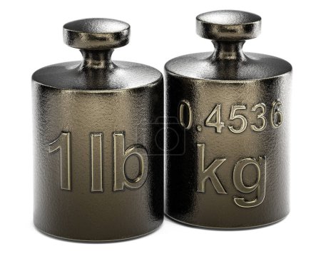 Foto de Convert one pound to kilograms. Weight with 1 lb and another one with 0.4536 kg over white background, 3d illustration. - Imagen libre de derechos
