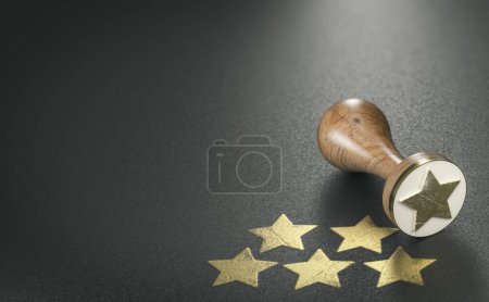 Photo for Rubber stamp with one golden star, over black background with five stars. Service quality rating concept. 3d illustration with copy space. - Royalty Free Image