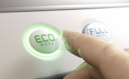 Foto de Finger pressing eco mode button. Energy saving and reducing electricity concumption concept. - Imagen libre de derechos