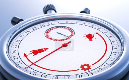 Téléchargez les photos : Chronomètre conceptuel décrivant le temps nécessaire pour créer, développer et lancer un nouveau projet. TTM, Time To Market et concept de gestion de projet. Illustration 3d - en image libre de droit