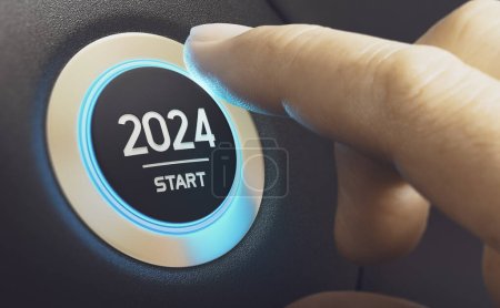Doigt appuyant sur un bouton d'allumage de voiture avec le texte 2024 démarrer. Année deux mille vingt-quatre concept. Image composite entre une photographie à la main et un fond 3D.
