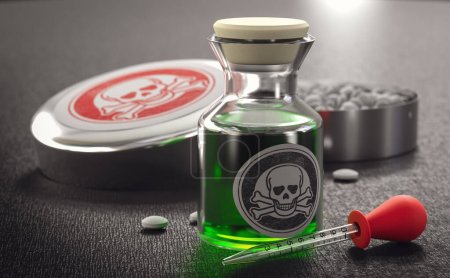 Intoxicación por agentes tóxicos. Frasco y pastillas de veneno sobre fondo negro. Ilustración 3D.