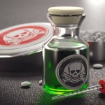 Toxic agent poisoning. Bottle and pills of poison over black background. 3D illustration.