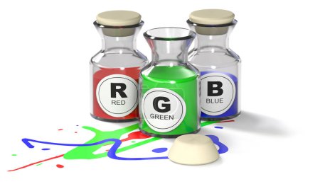 Photo for Additive colors RVB. Red, Green, Blue bottles over white background. 3D illustration. - Royalty Free Image