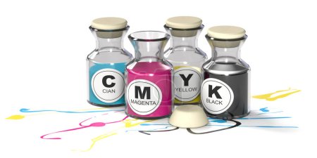 Photo for Substractive colors CMYK. Cyan, Magenta, Yellow and Key bottles over white background. 3D illustration. - Royalty Free Image