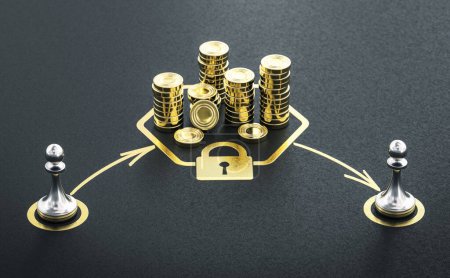 Photo for Pawns and generic coins over black background. Concept of locked-in money. 3D illustration. - Royalty Free Image