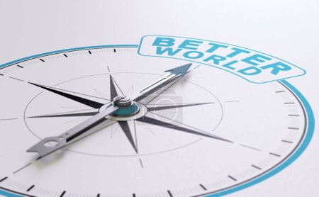 Photo for 3d render of a compass which pointing a blue text. Improve the state of the world concept - Royalty Free Image